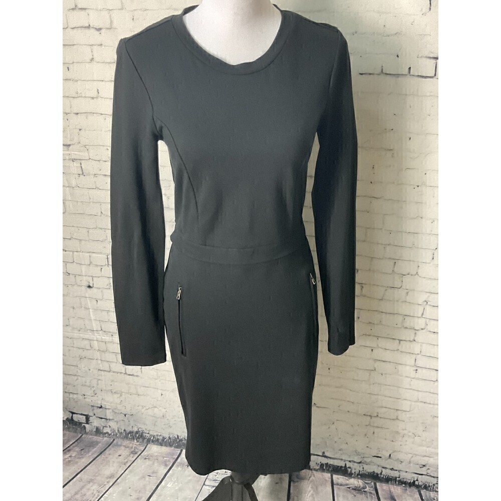 Athleta Ponte Dress Women's Black Long Sleeve Stretch Pockets Zipper Size S